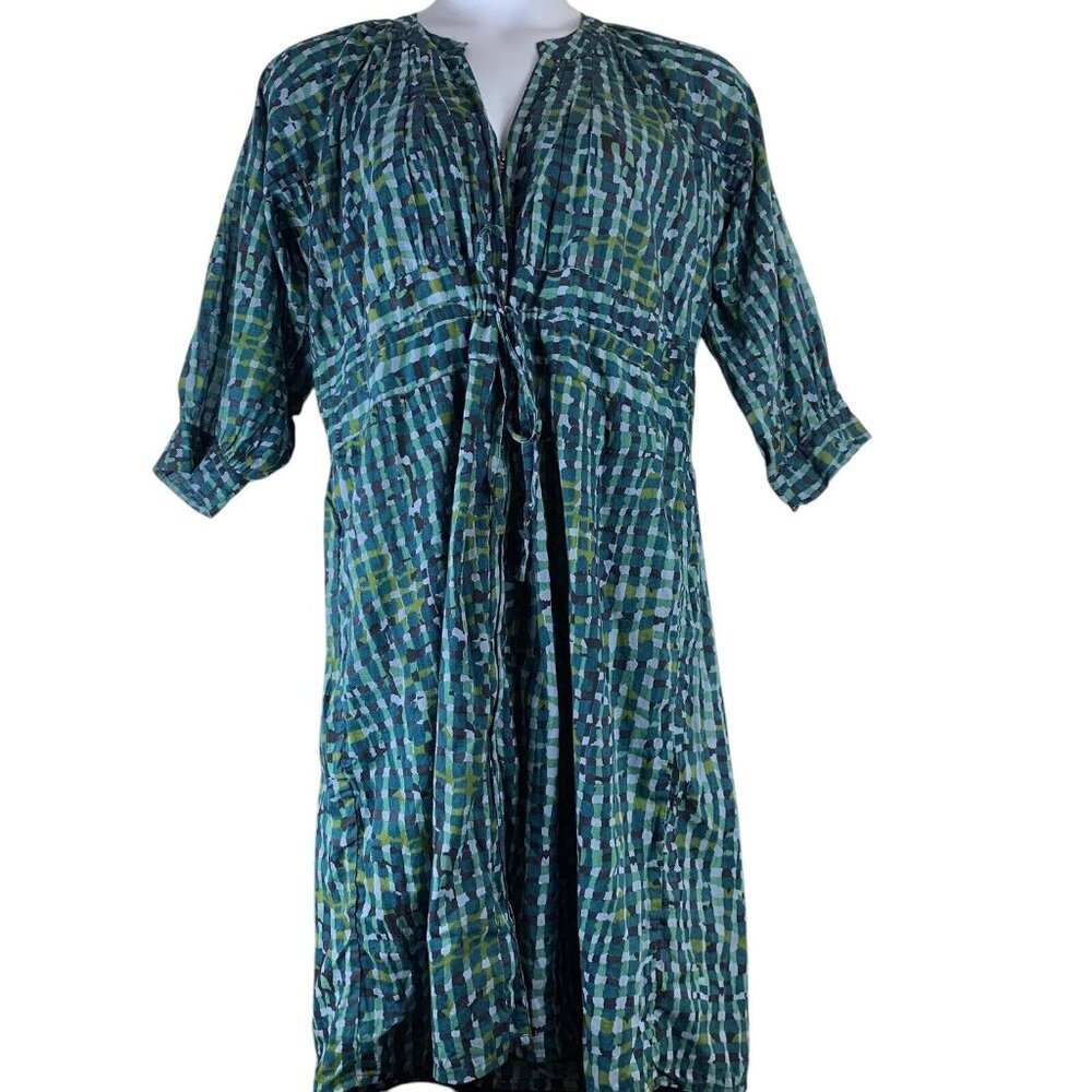 Little Journeys Chicago Dress Size XL Green Blue Lined Zip Front Tie Waist